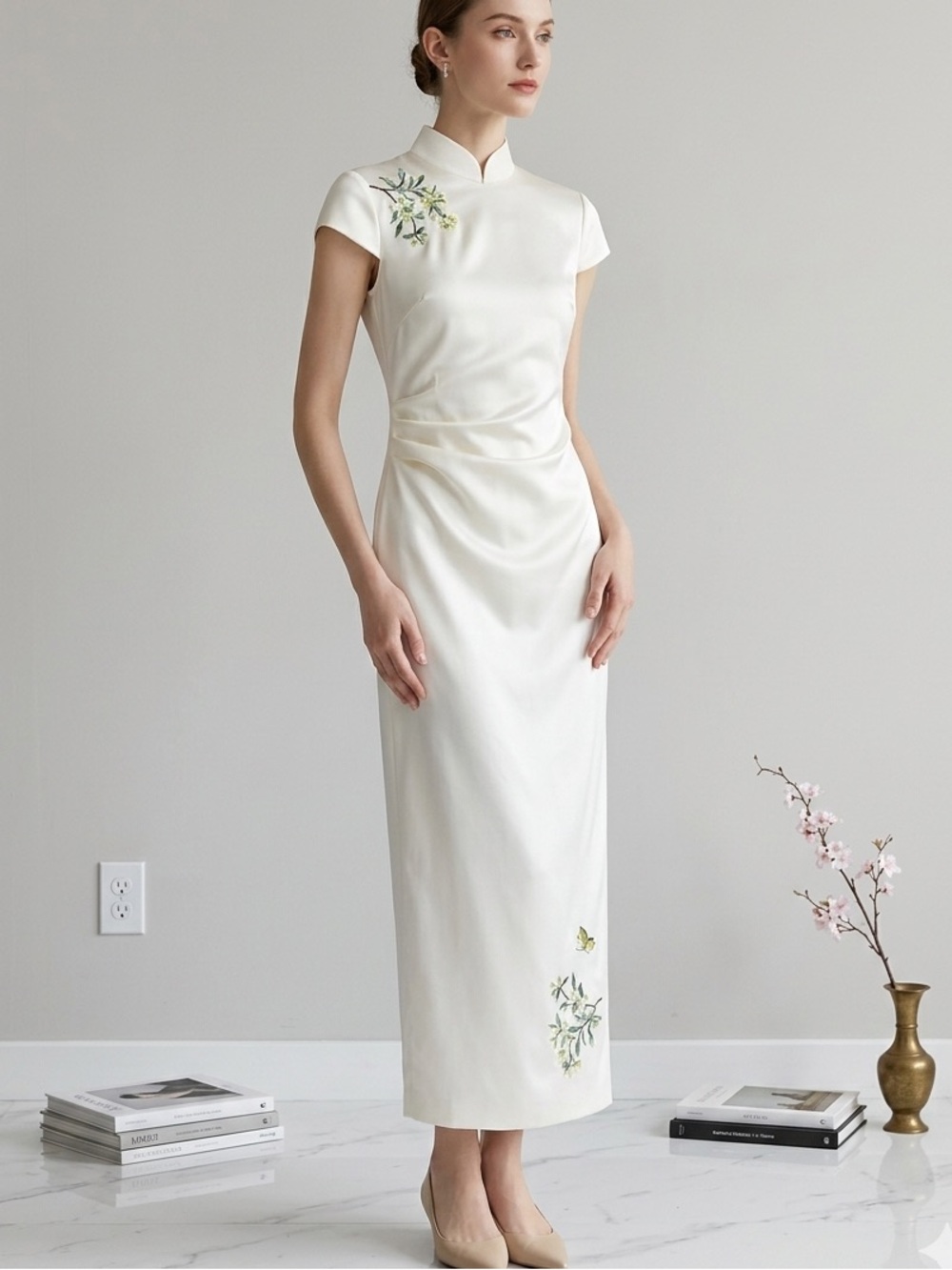 NWT Echo Bridal ivory white cheongsam bridal gown with floral embroidery small